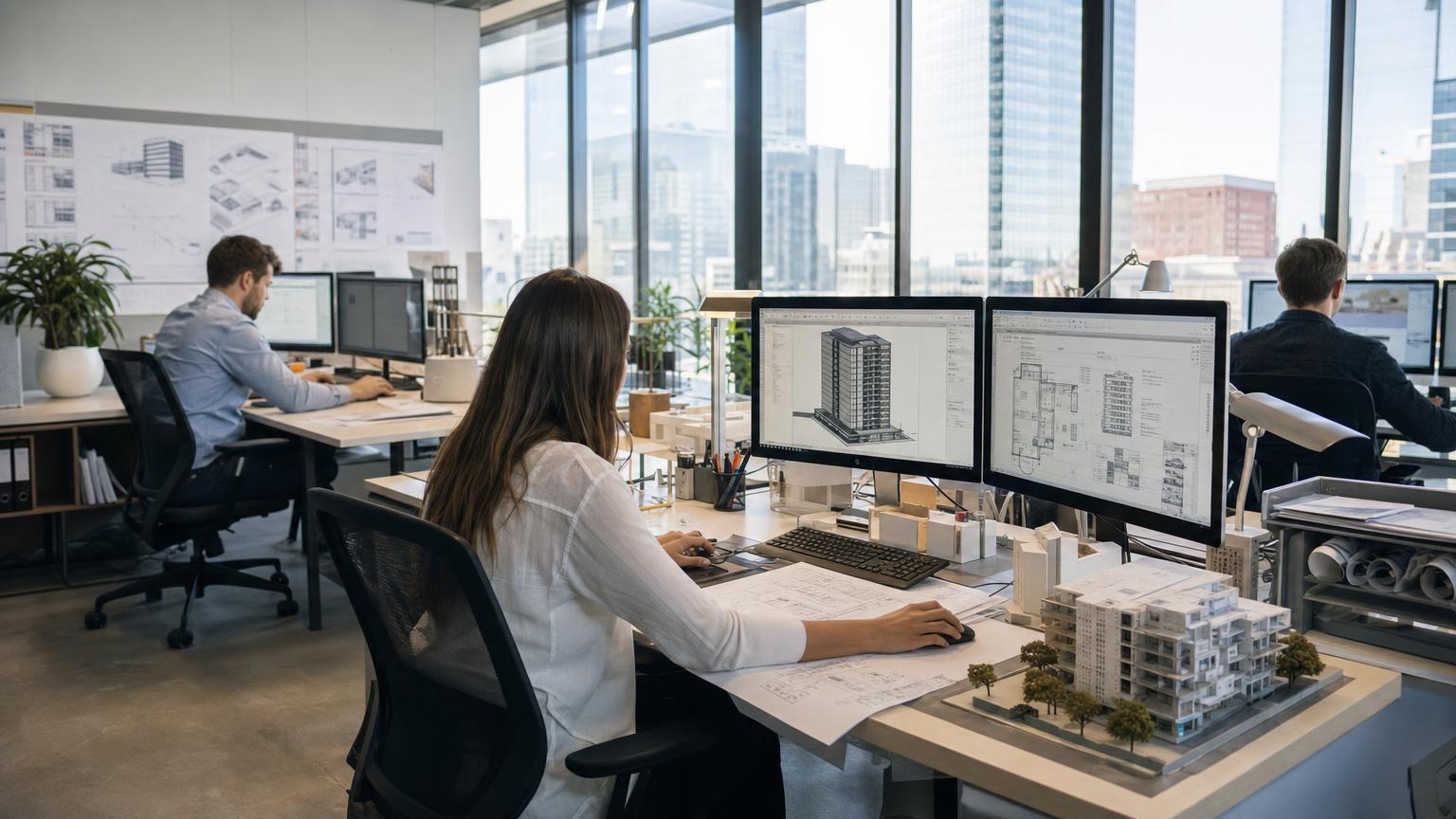 Wnętrze biura architektonicznego z makietą budynku i projektami na monitorach