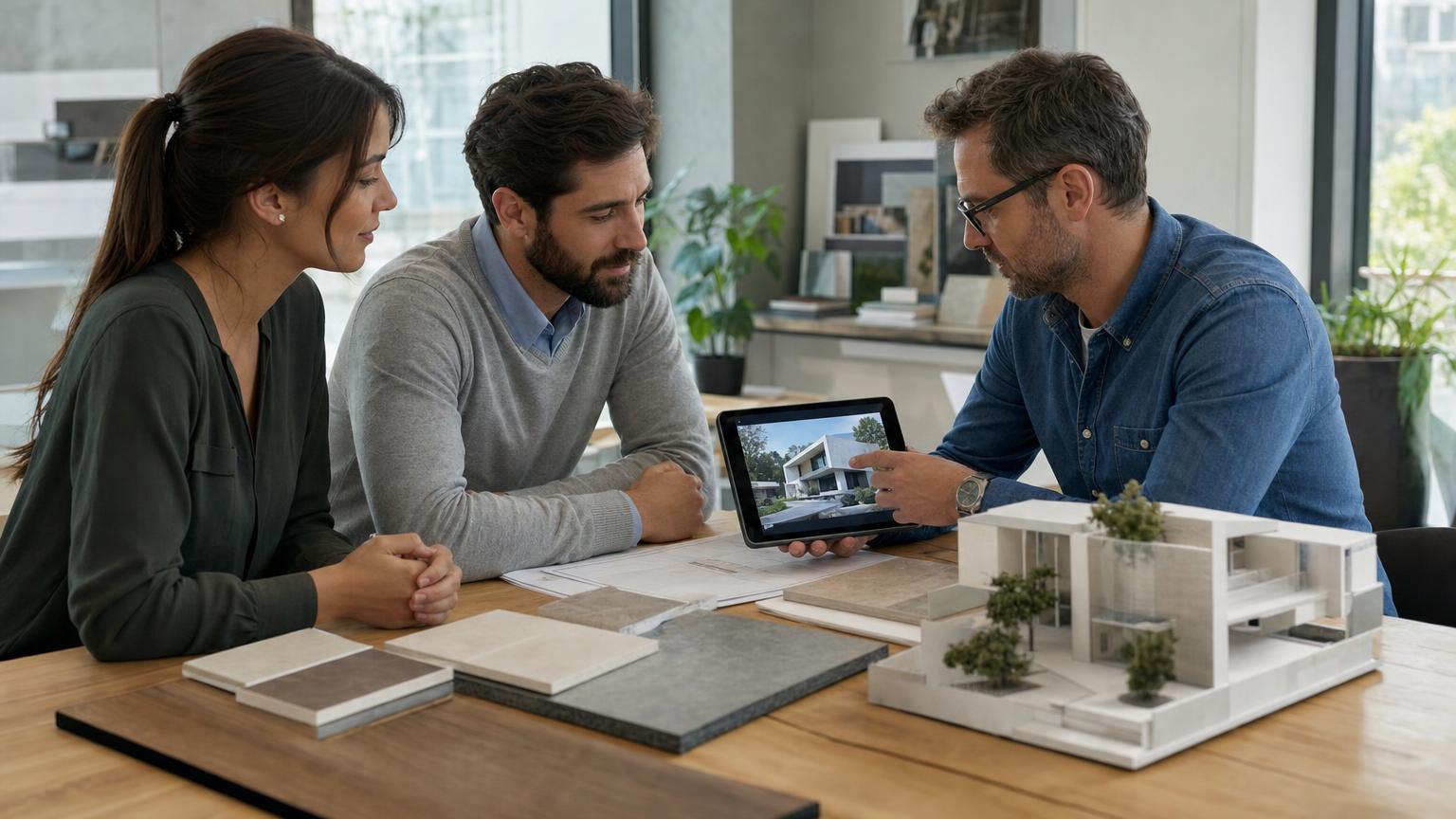 Architekt prezentuje inwestorom projekt domu na tablecie przy makiecie