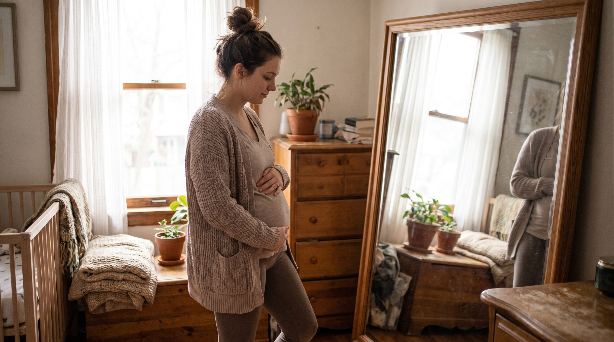 Mama przy lustrze w domu delikatnie dotyka brzucha po ciąży
