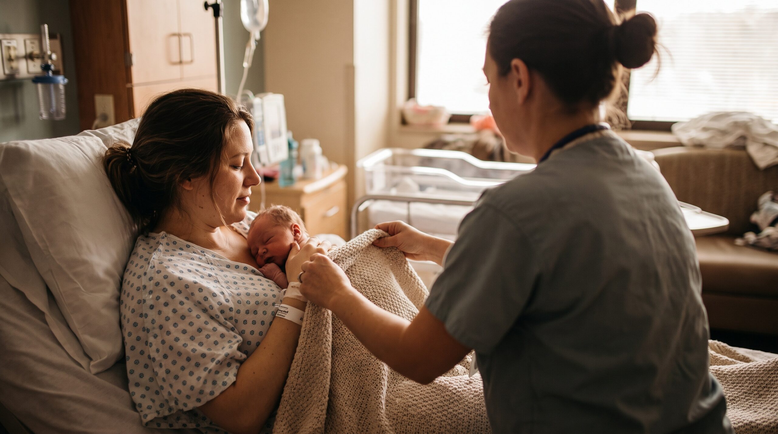 Mama z noworodkiem w łóżku szpitalnym po porodzie pod opieką położnej