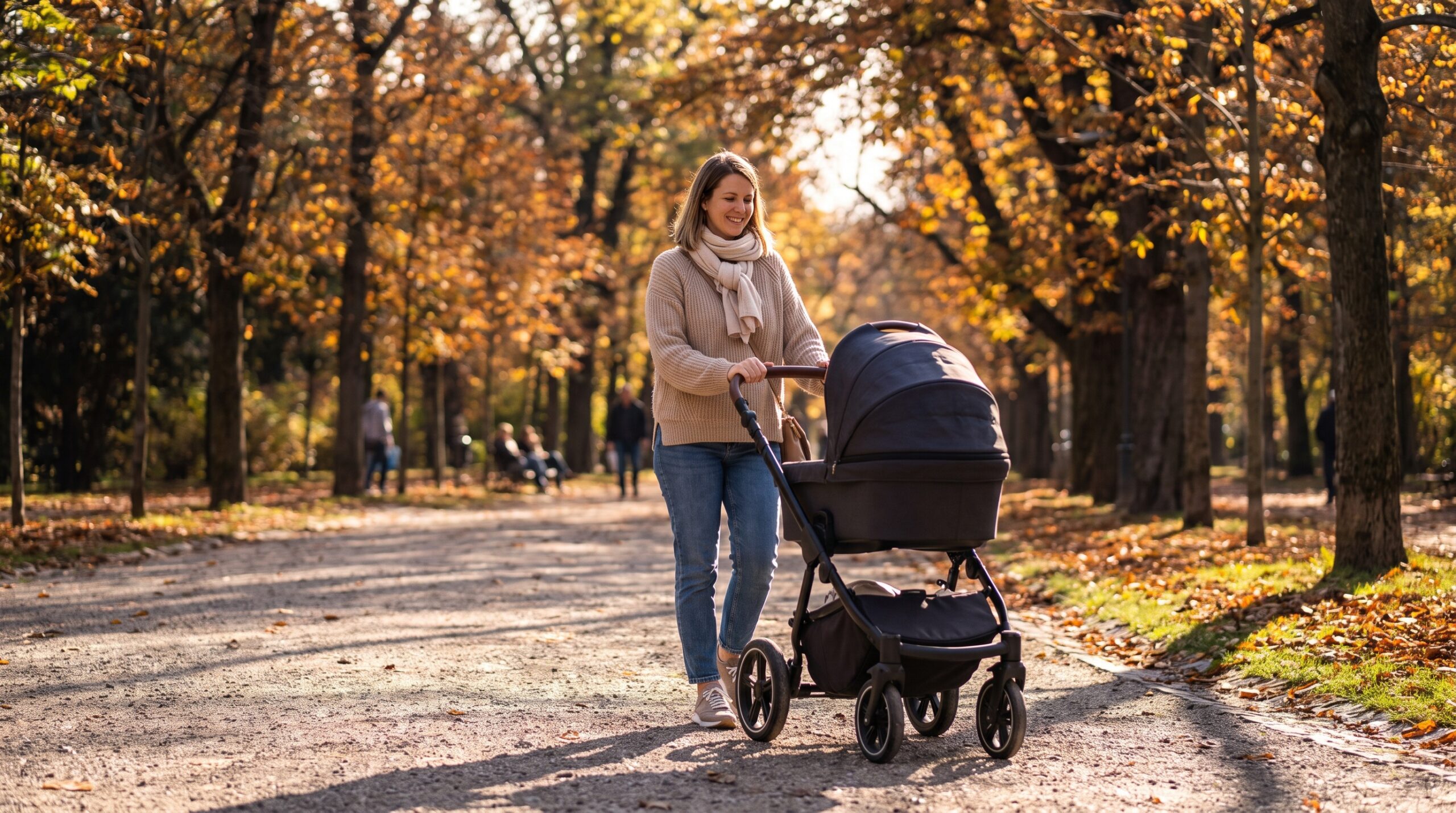 Mama spaceruje z wózkiem w słonecznym parku podczas rekonwalescencji