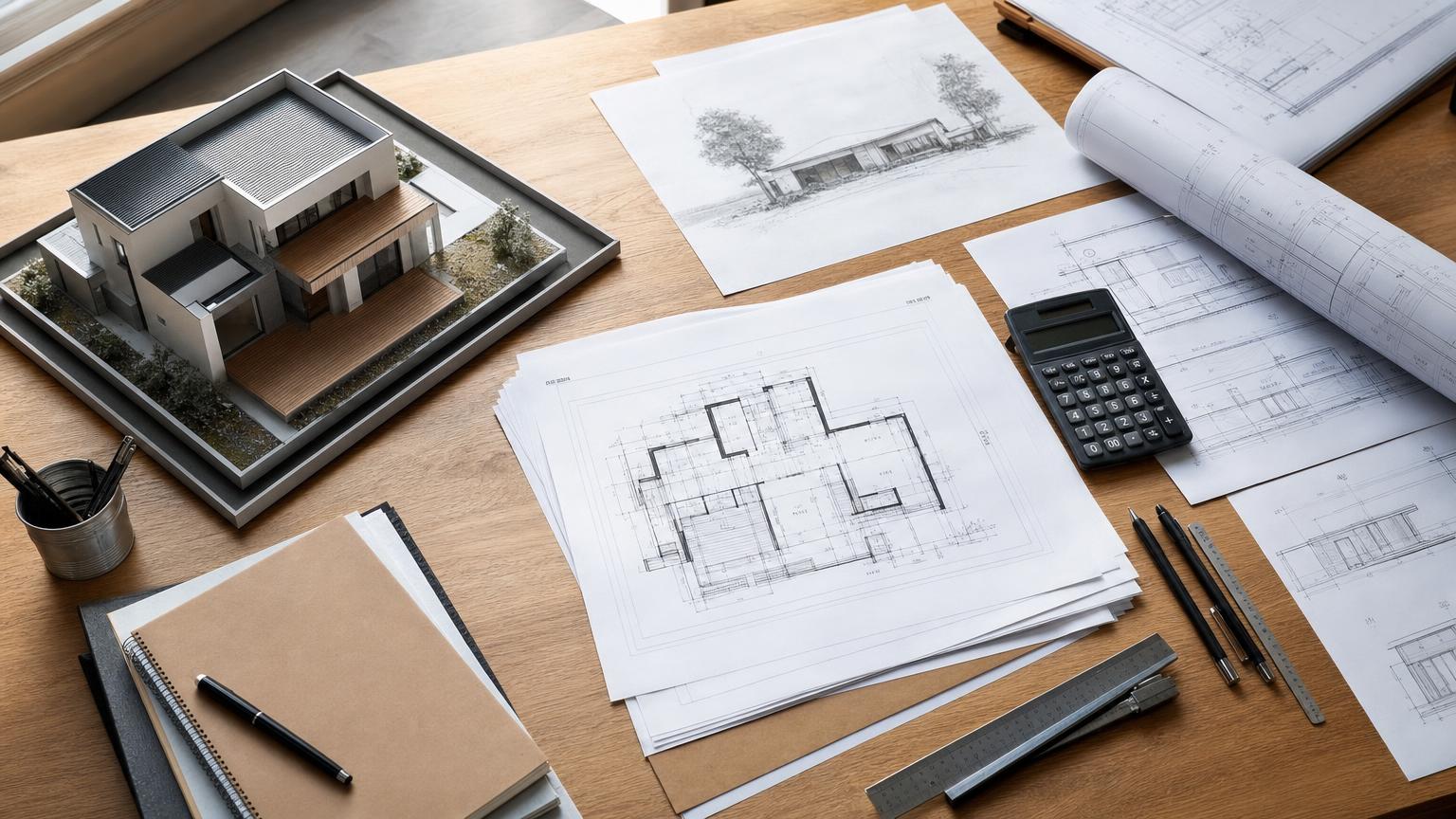 Makieta domu z dokumentacją projektu i kalkulatorem na biurku architekta