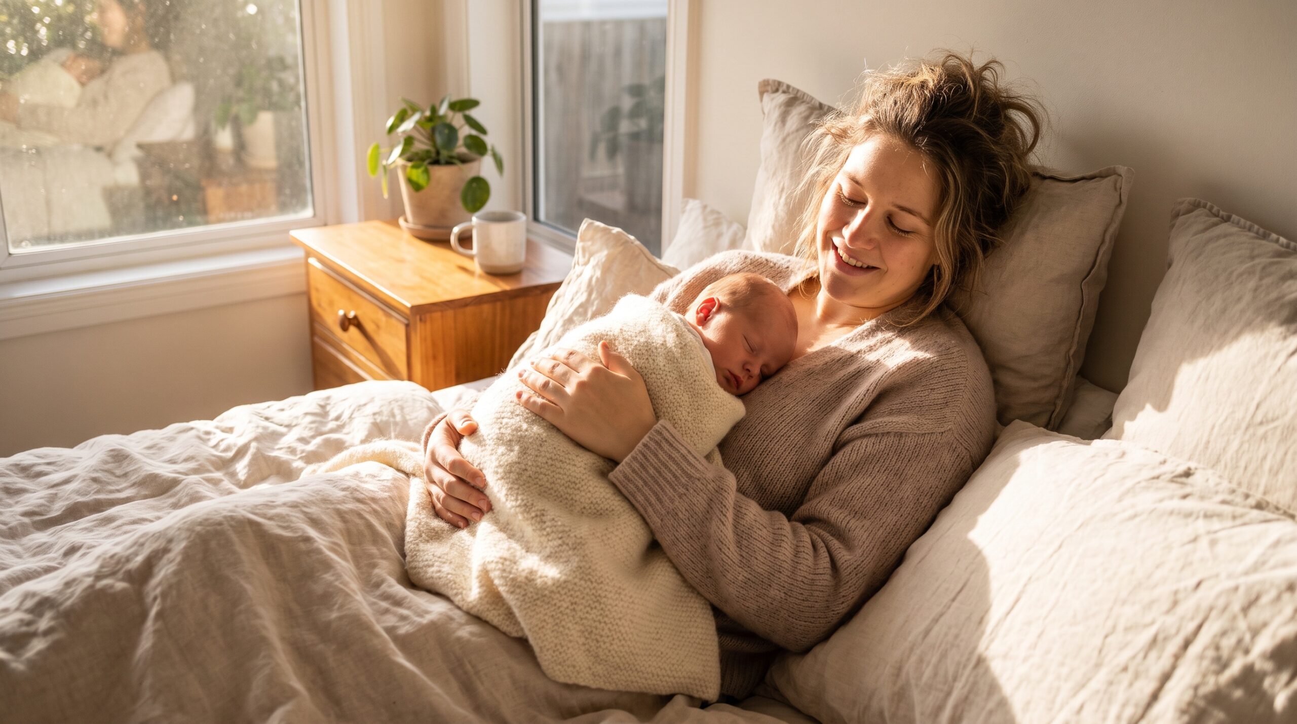 Młoda mama odpoczywająca w łóżku ze śpiącym noworodkiem owiniętym w miękki koc