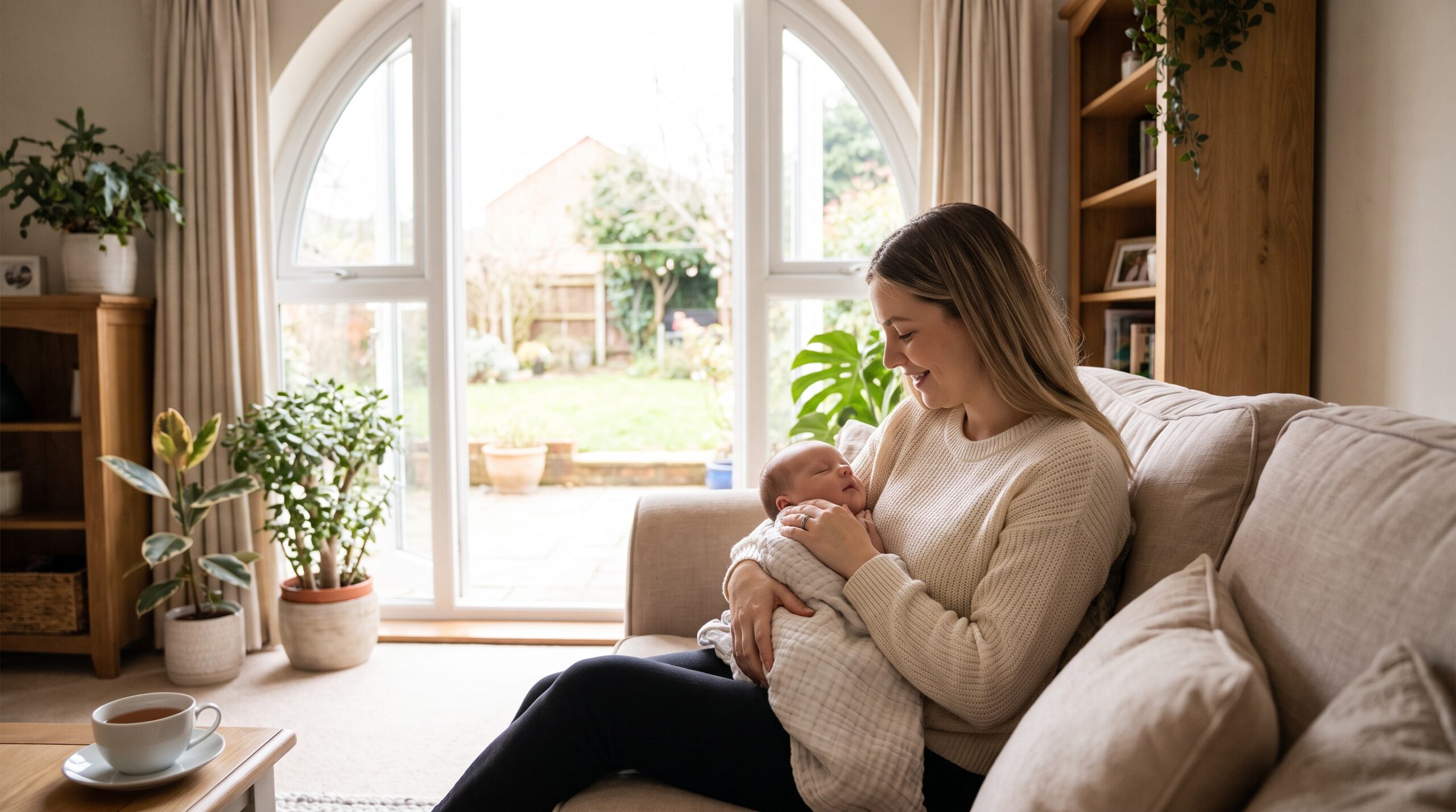Mama siedząca z dzieckiem na kanapie przy dużym oknie w spokojnym wnętrzu