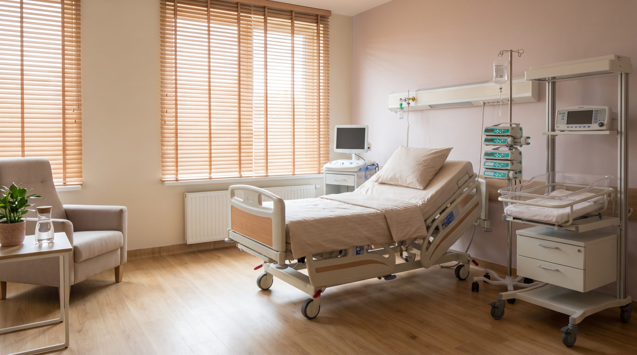 Przygotowana sala porodowa w szpitalu z ciepłym oświetleniem