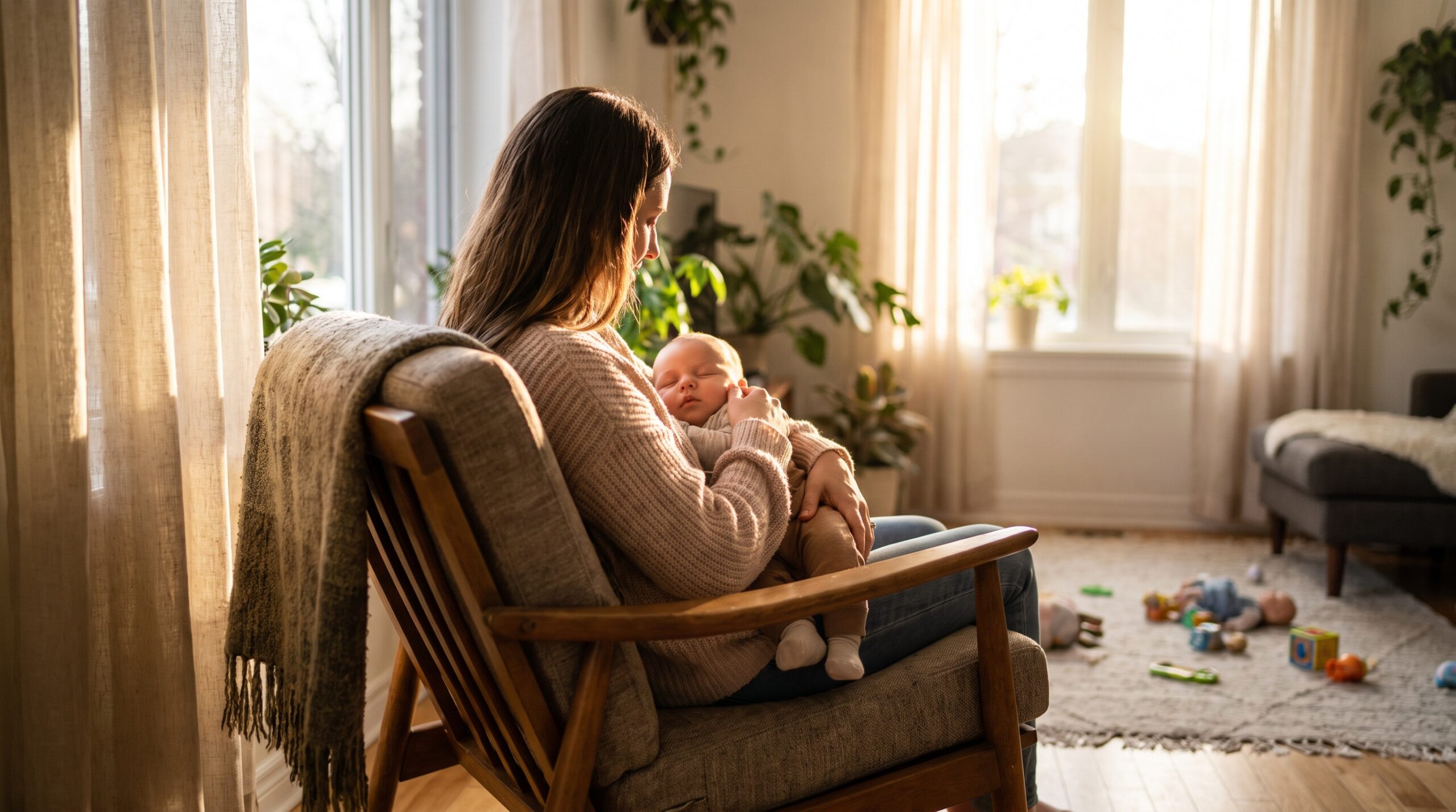 Mama opiekuje się zdrowym noworodkiem w jasnym domu