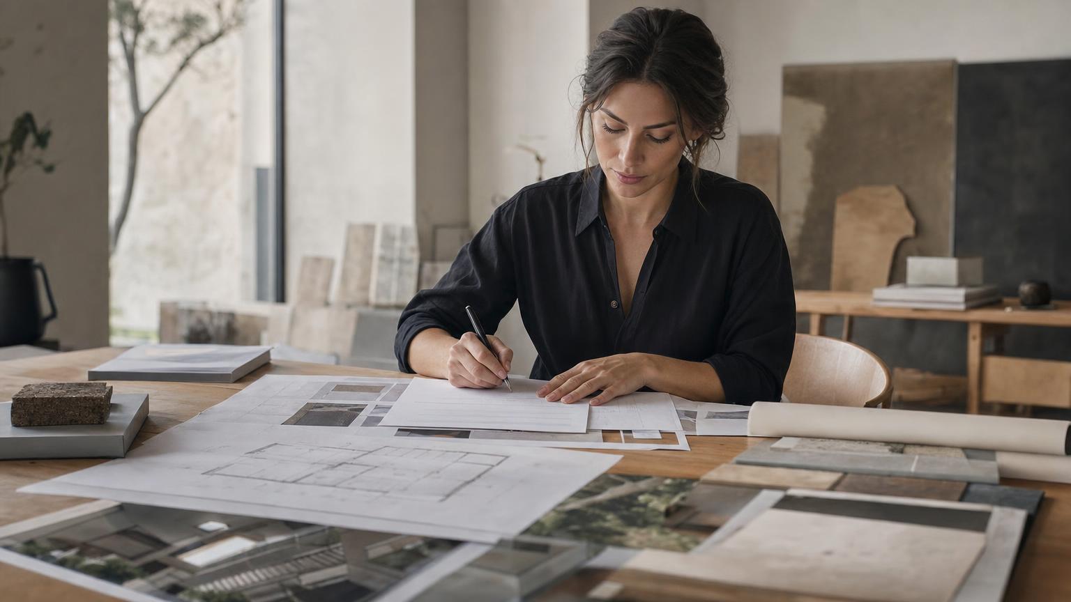 Architektka podpisuje dokumenty projektowe w pracowni