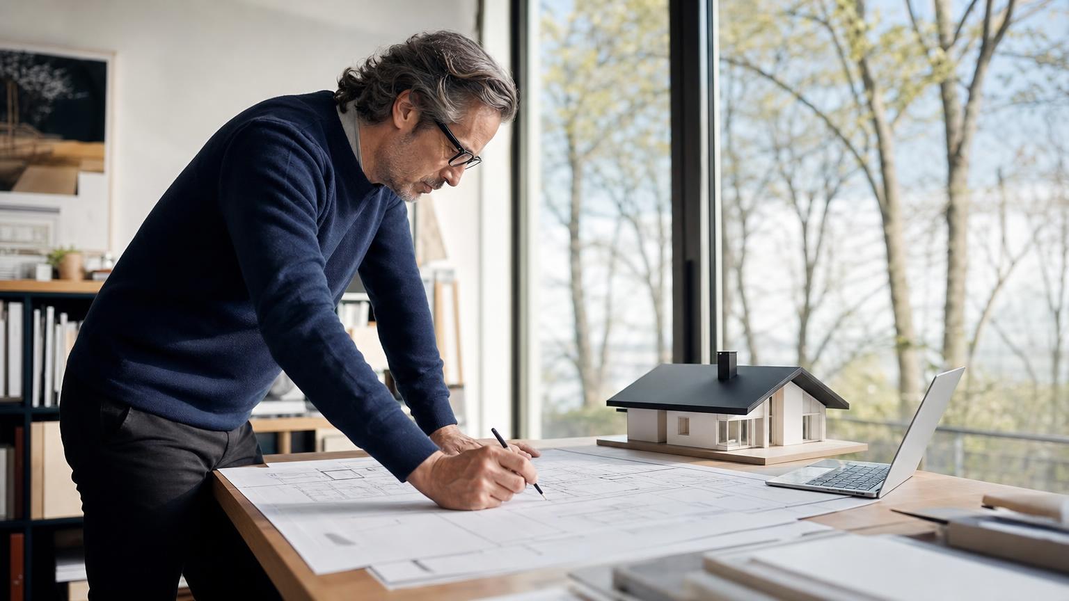 Architekt pracujący nad rzutami projektu budowlanego w pracowni