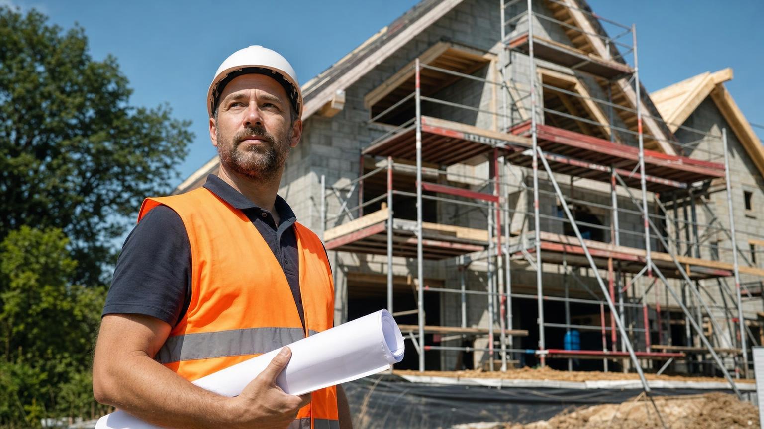 Kierownik budowy z projektem na tle domu w stanie surowym
