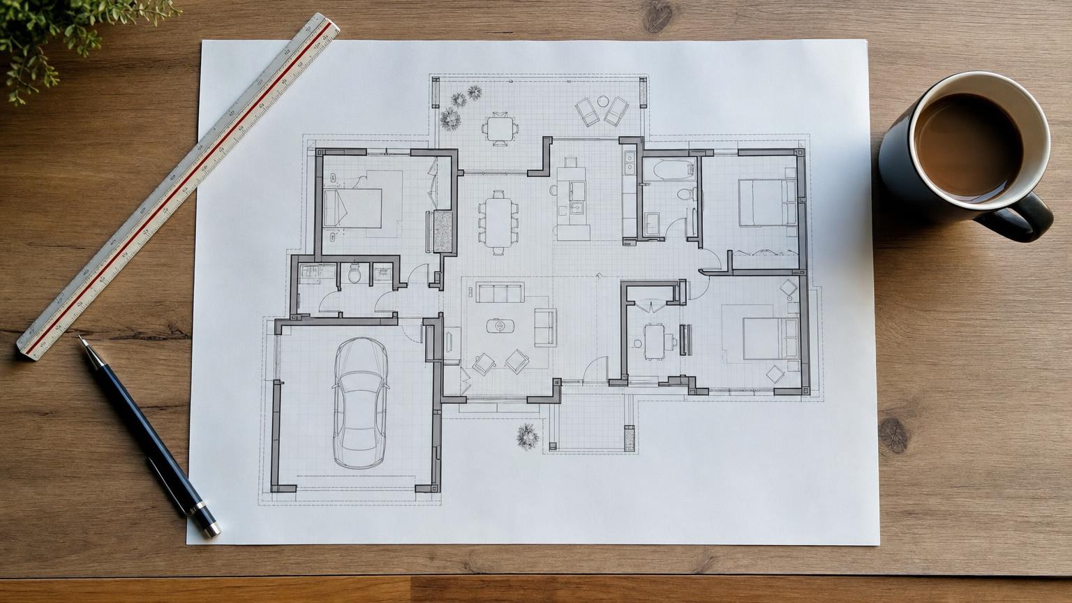 Rzut architektoniczny domu parterowego na biurku z przyborami kreślarskimi