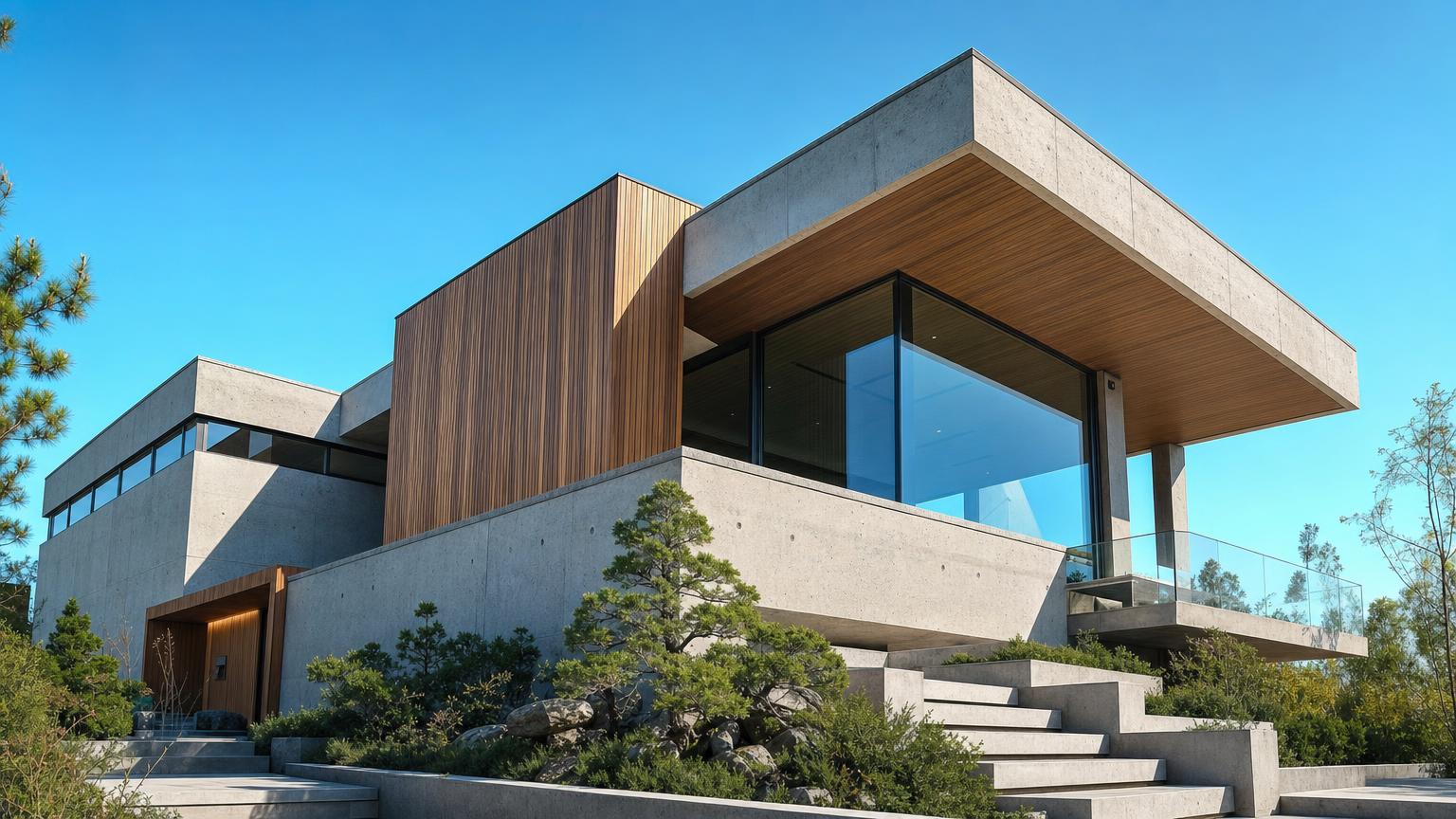 Nowoczesna elewacja domu z drewnem i betonem architektonicznym
