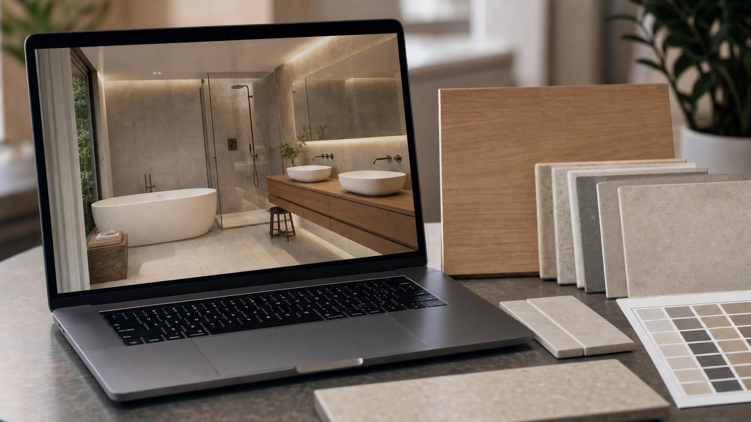Wizualizacja 3D łazienki na laptopie obok próbek płytek