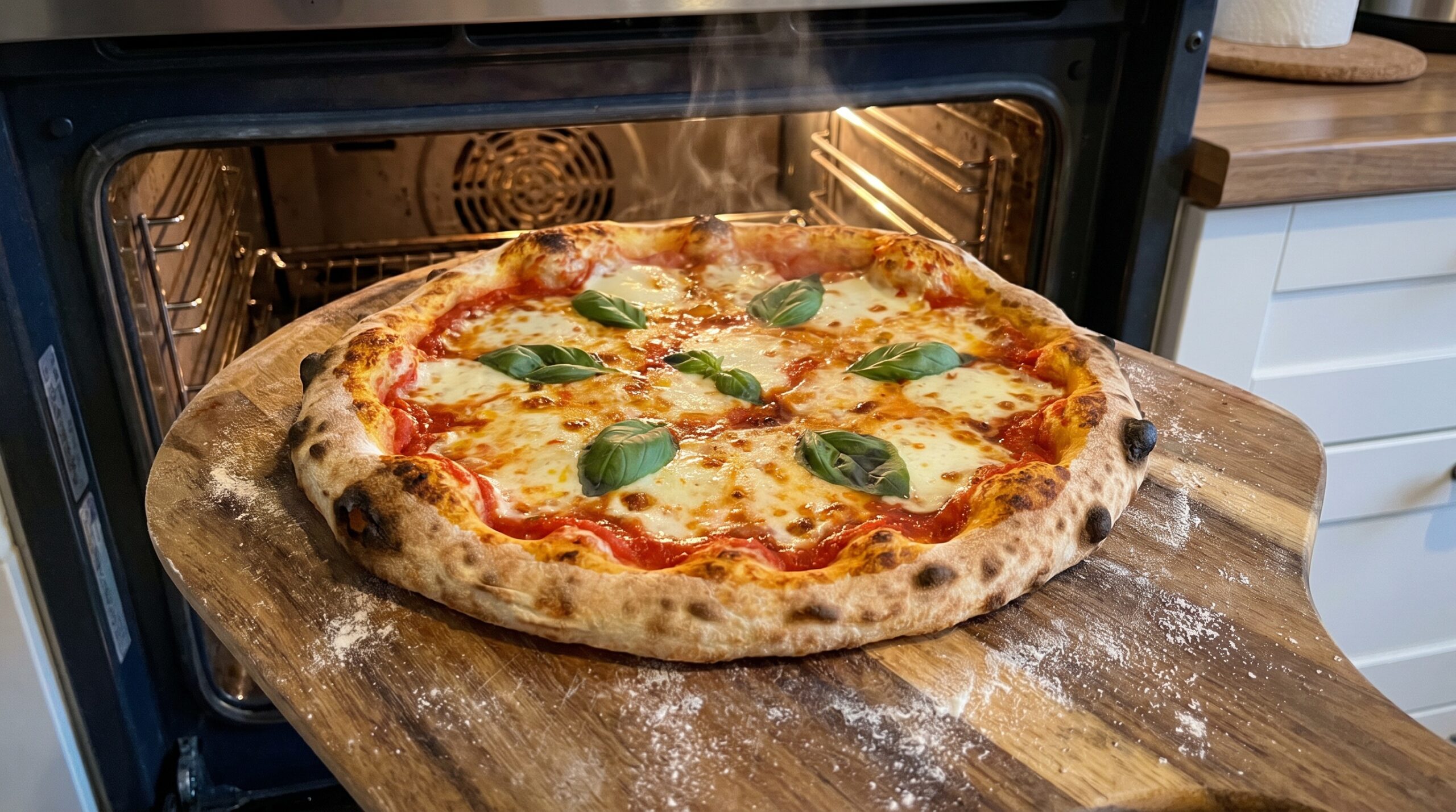 Domowa pizza z mozzarellą i bazylią świeżo wyjęta z piekarnika