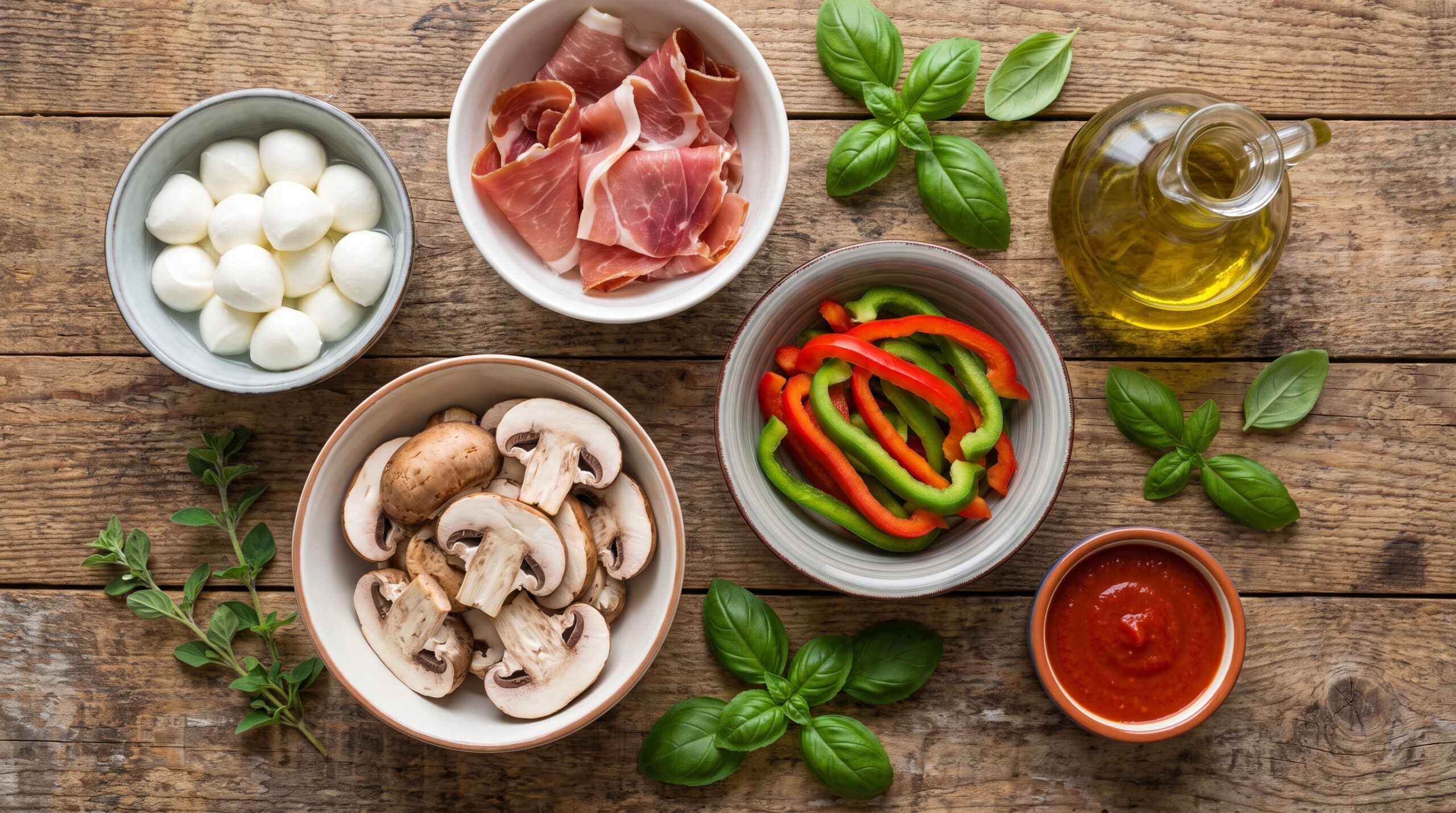 Składniki do pizzy ułożone na blacie mozzarella szynka pieczarki i papryka