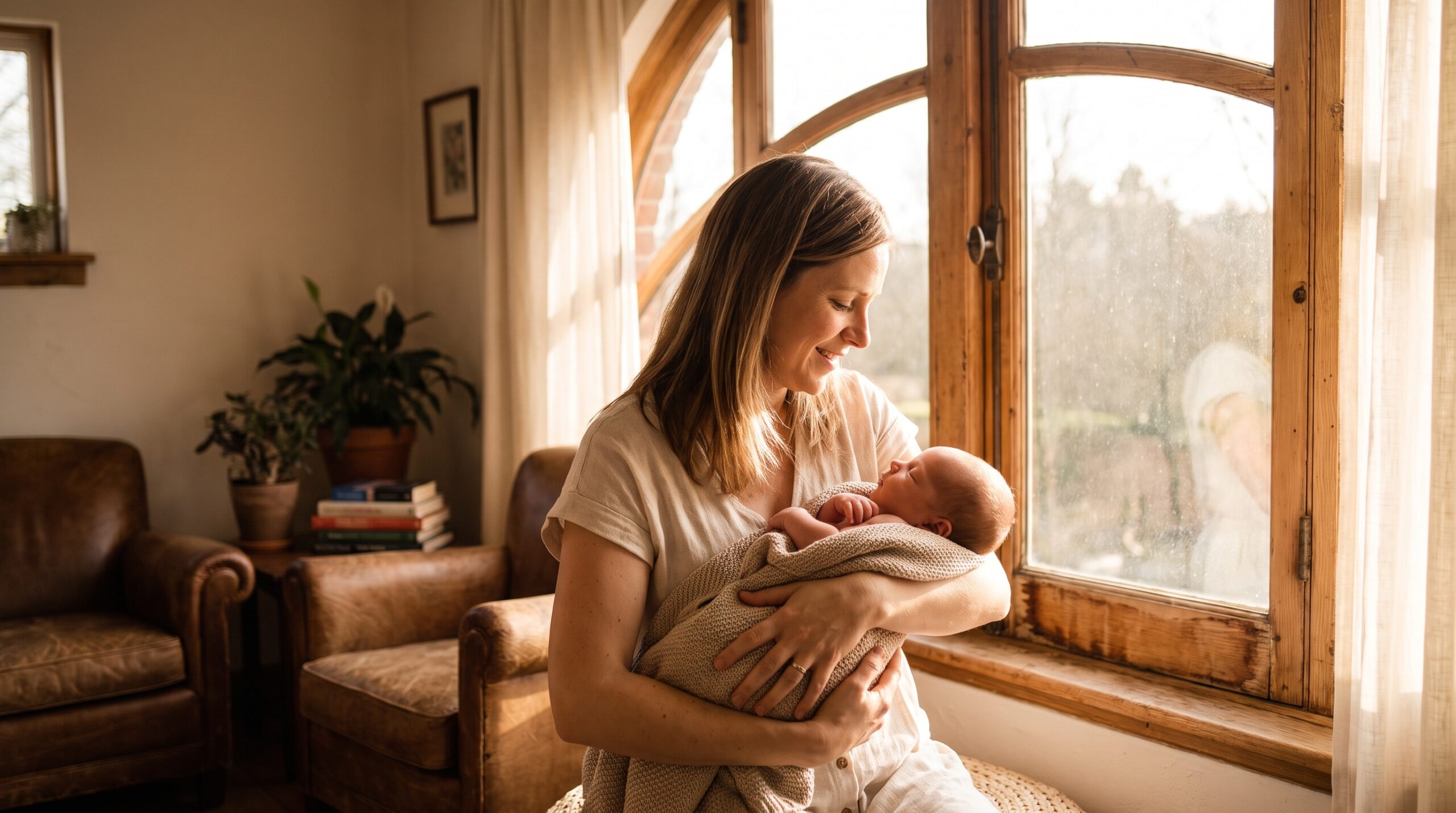 Uśmiechnięta mama trzyma noworodka przy dużym oknie w domu