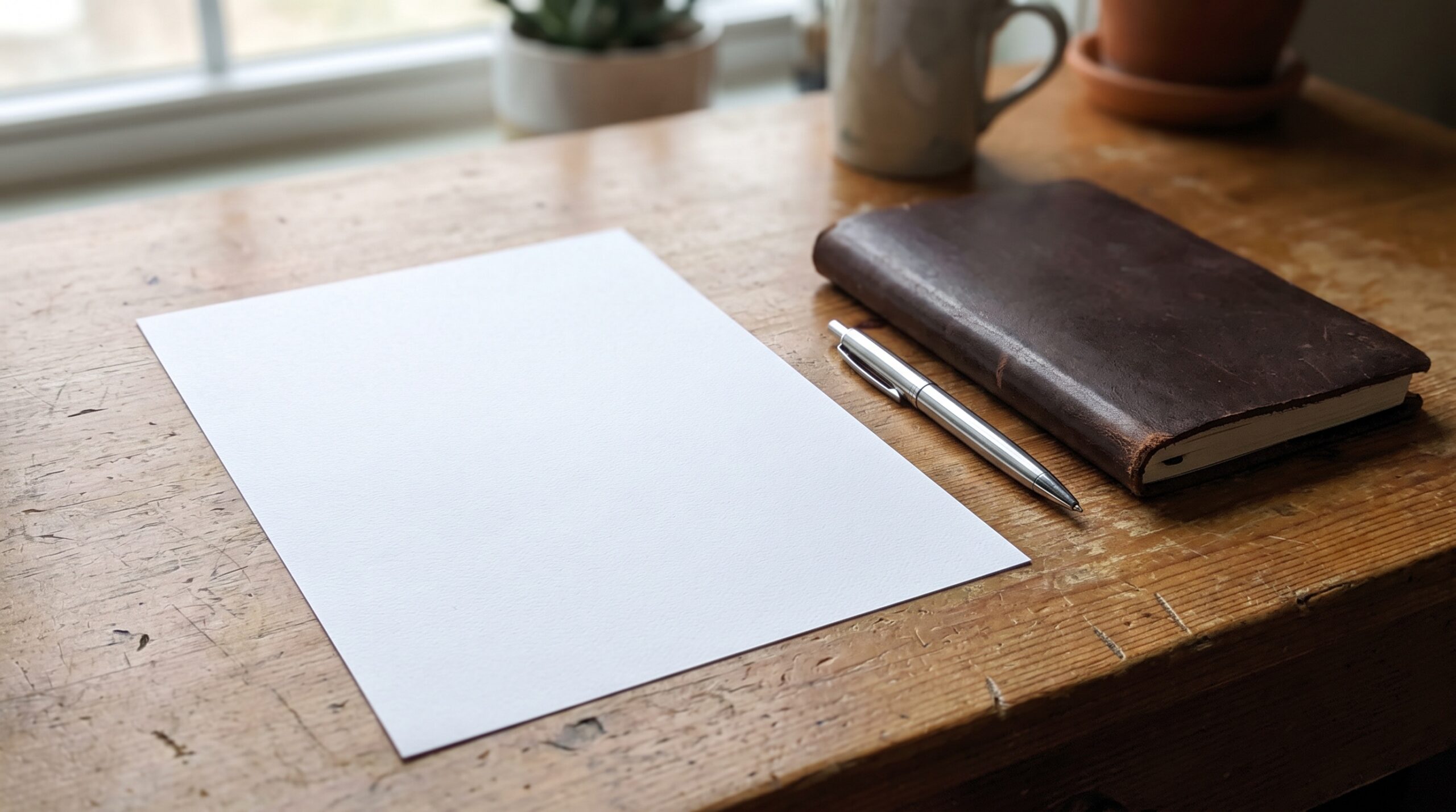 Pusty formularz, srebrny długopis i skórzany notes na drewnianym biurku przy oknie