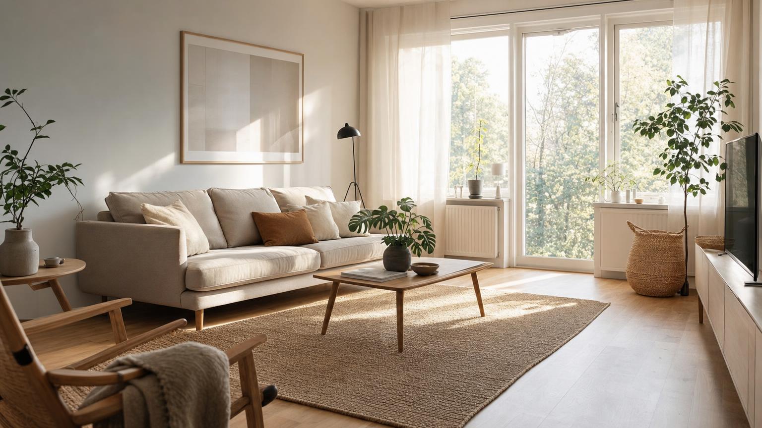 Jasny salon w stylu skandynawskim jako realizacja wizualizacji wnętrza