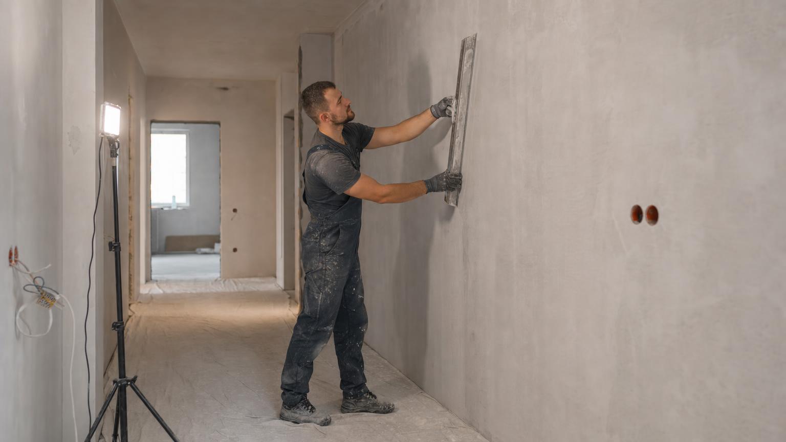 Glazier wygładza ścianę pacą podczas prac wykończeniowych