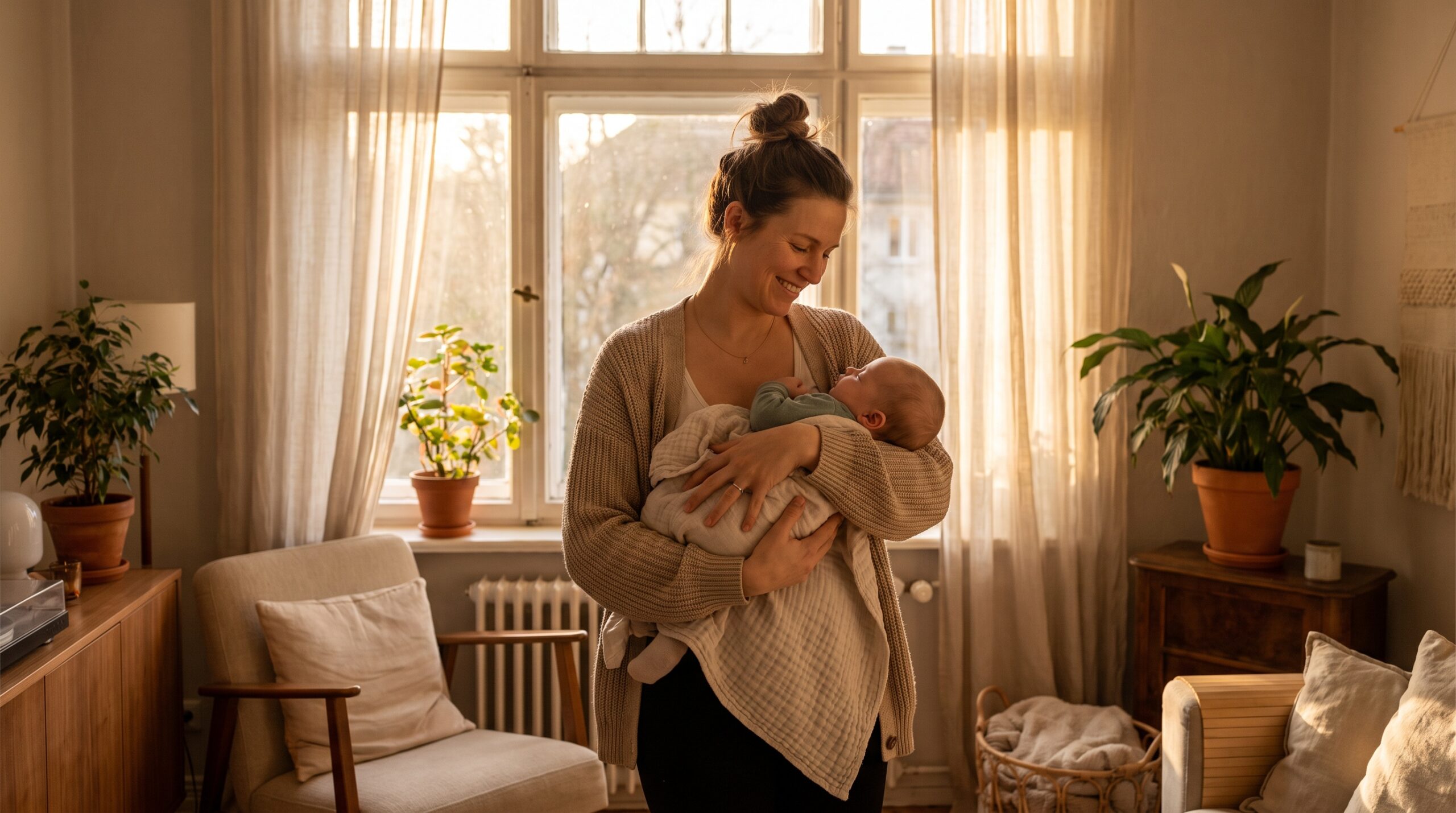 Uśmiechnięta mama trzyma niemowlę przy oknie w domu